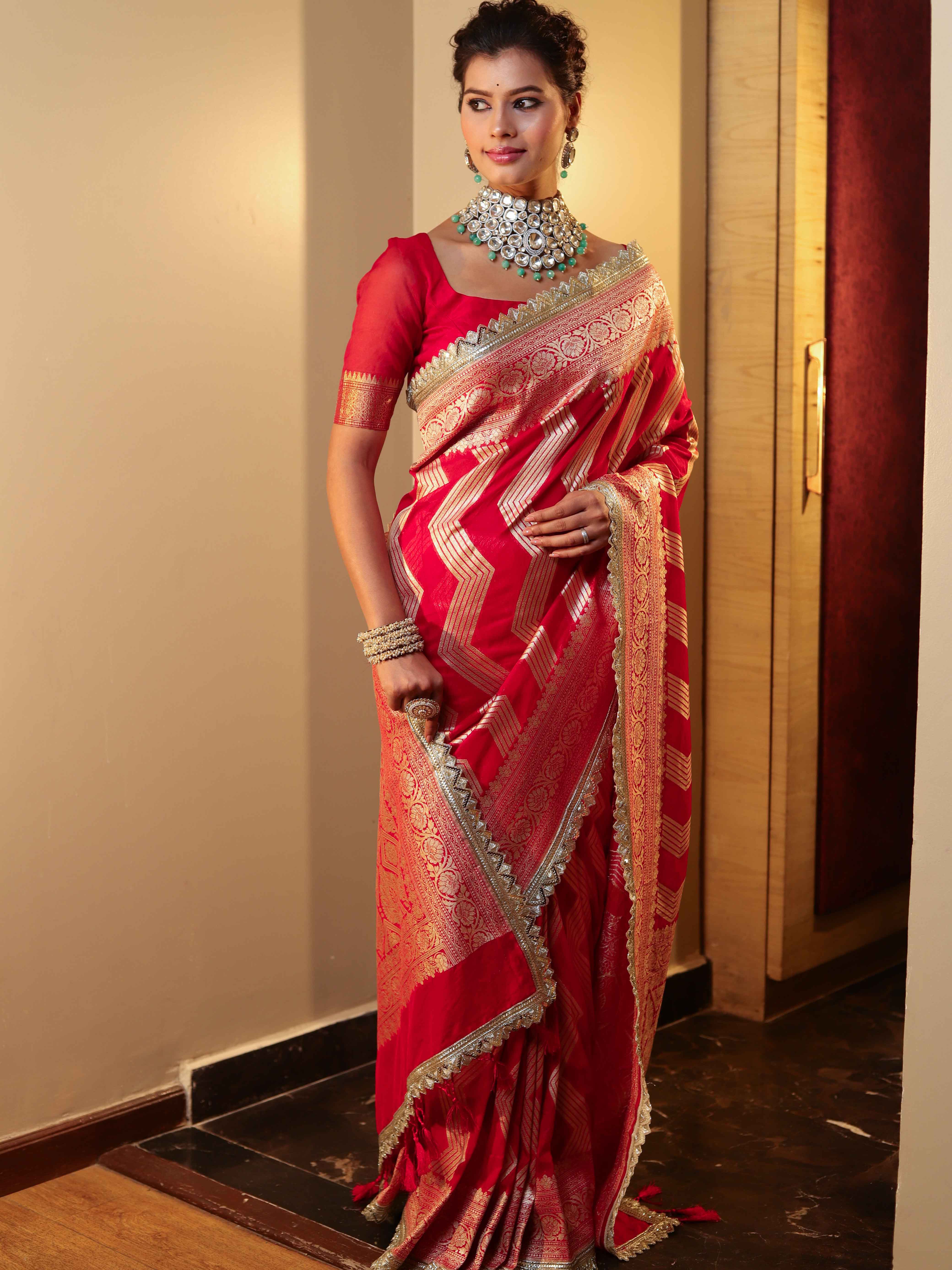 Banarasee Pure Chiffon Saree With Zigzag Pattern Zari Border & Lace-Red