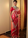 Banarasee Pure Chiffon Saree With Zigzag Pattern Zari Border & Lace-Red