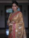 Banarasee Handloom Tissue Saree With Buta Design & Contrast Lace Border-Gold