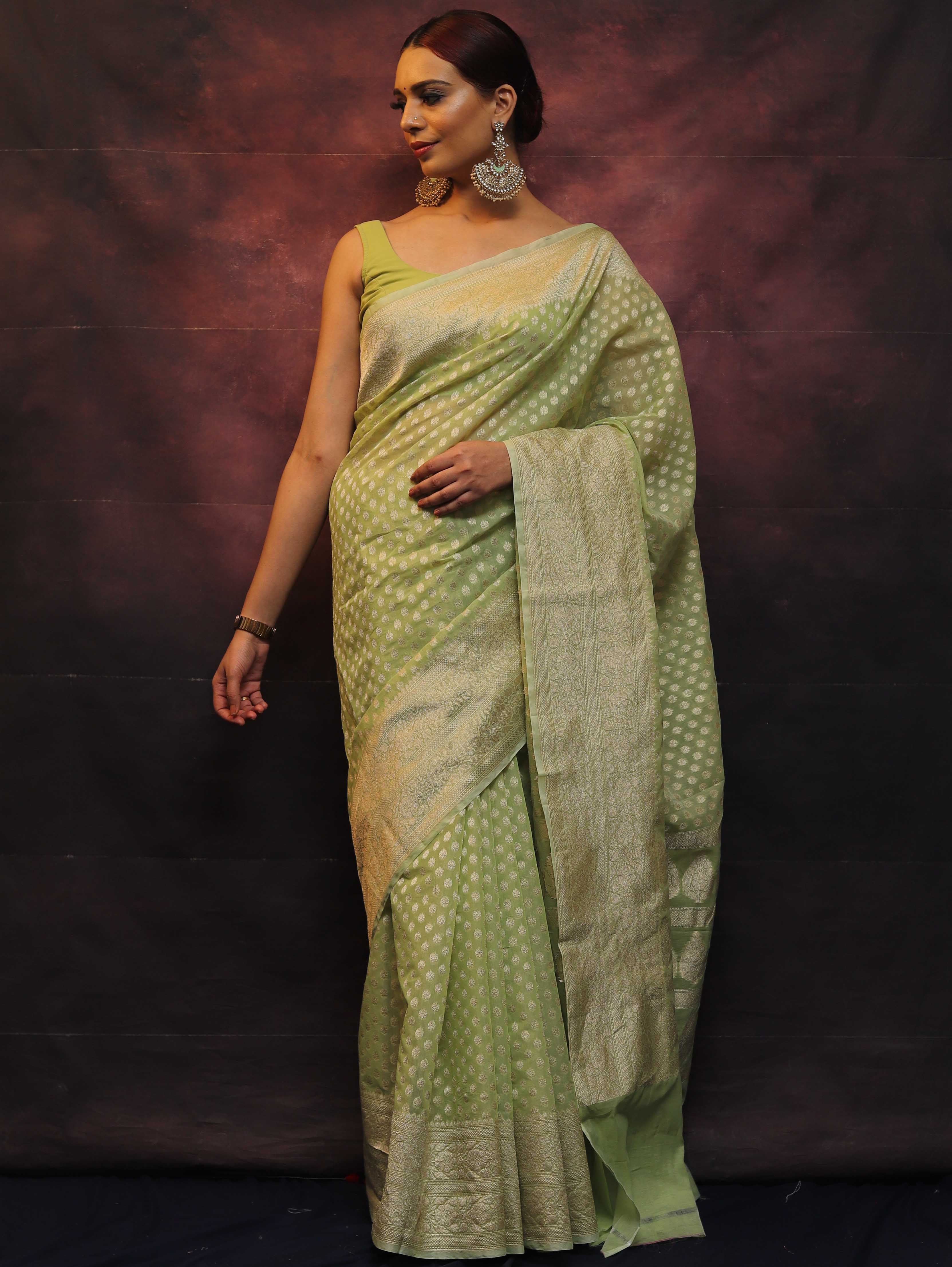 Banarasee Organza Silk Saree With Zari Buti & Border-Light Green