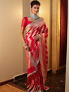 Banarasee Pure Chiffon Saree With Zigzag Pattern Zari Border & Lace-Red