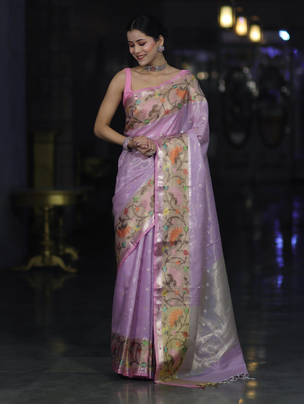 Banarasee Kota Checks Tissue Saree With Zari & Thread Embroidery & Contrast Border-Lilac
