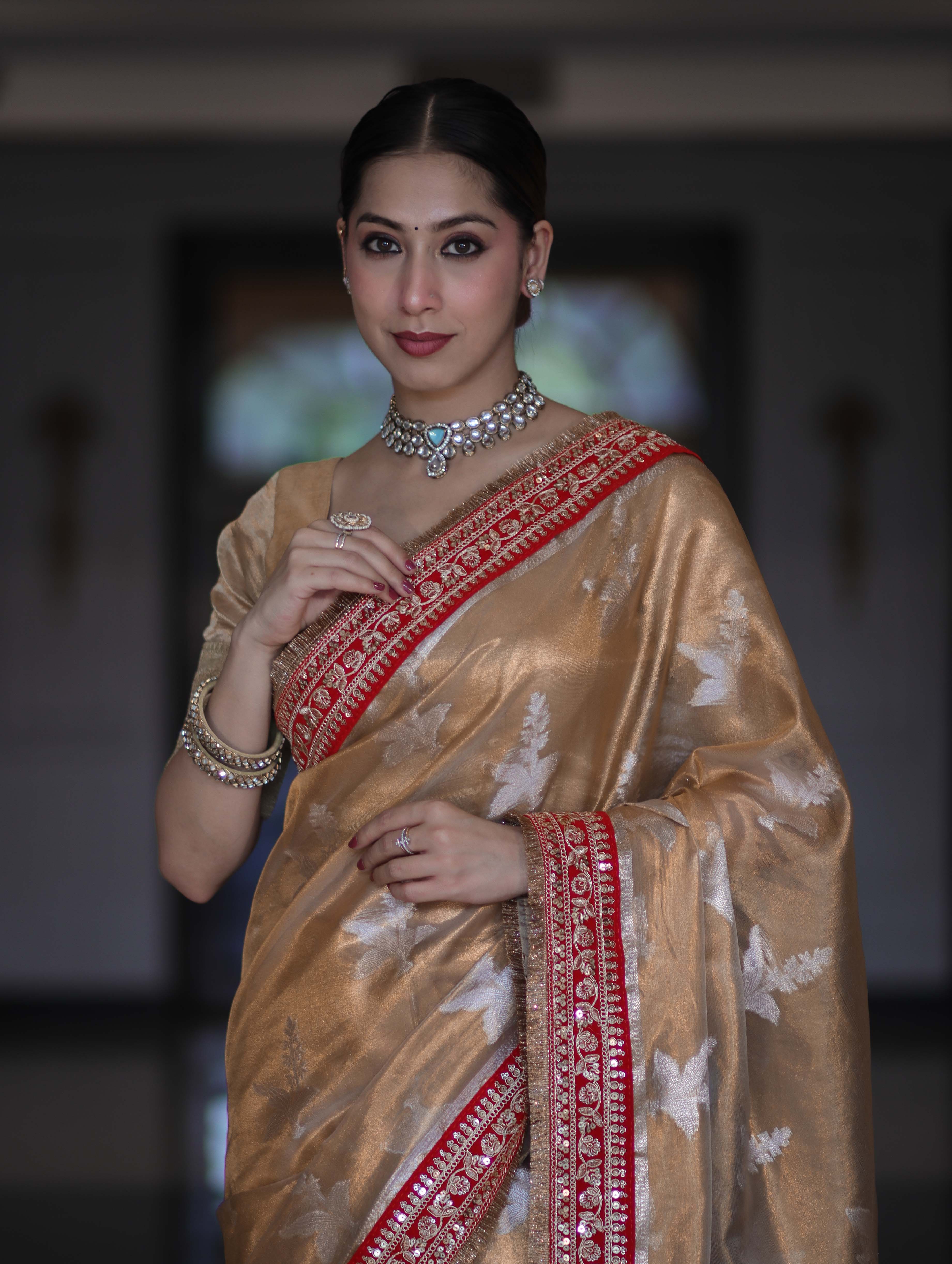 Banarasee Handloom Tissue Saree With Buta Design & Contrast Lace Border-Gold