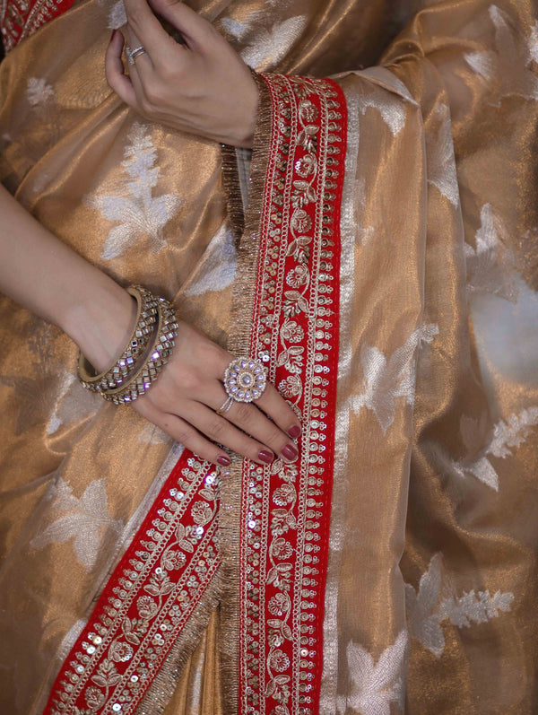 Banarasee Handloom Tissue Saree With Buta Design & Contrast Lace Border-Gold