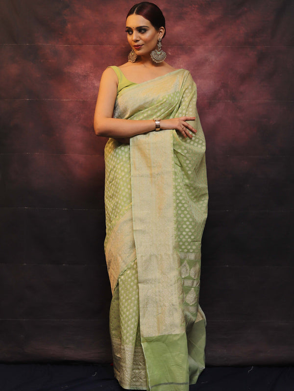 Banarasee Organza Silk Saree With Zari Buti & Border-Light Green