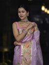 Banarasee Kota Checks Tissue Saree With Zari & Thread Embroidery & Contrast Border-Lilac
