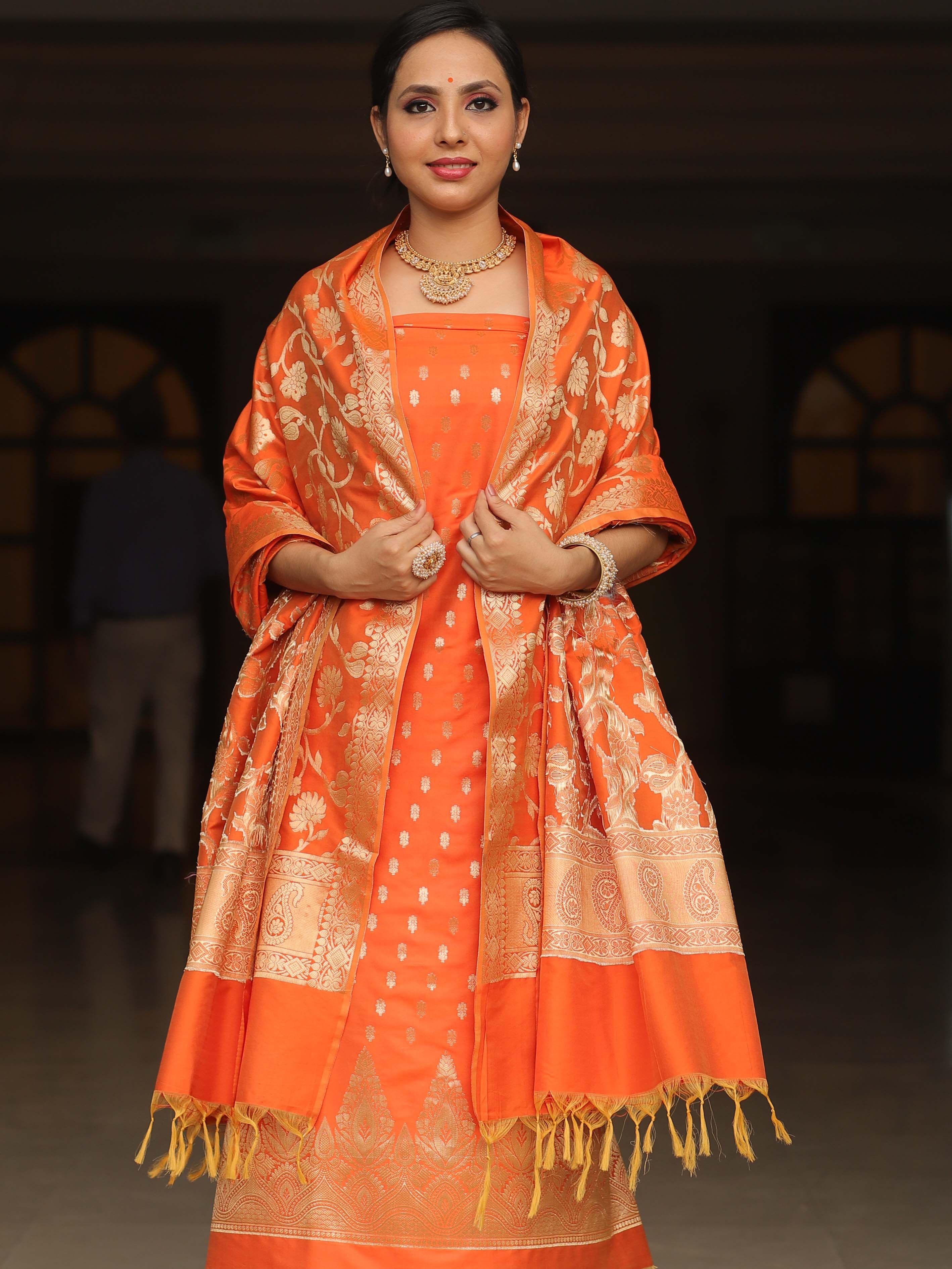 Banarasee Salwar Kameez Semi Katan Silk Fabric With Zari Work-Orange