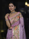 Banarasee Kota Checks Tissue Saree With Zari & Thread Embroidery & Contrast Border-Lilac
