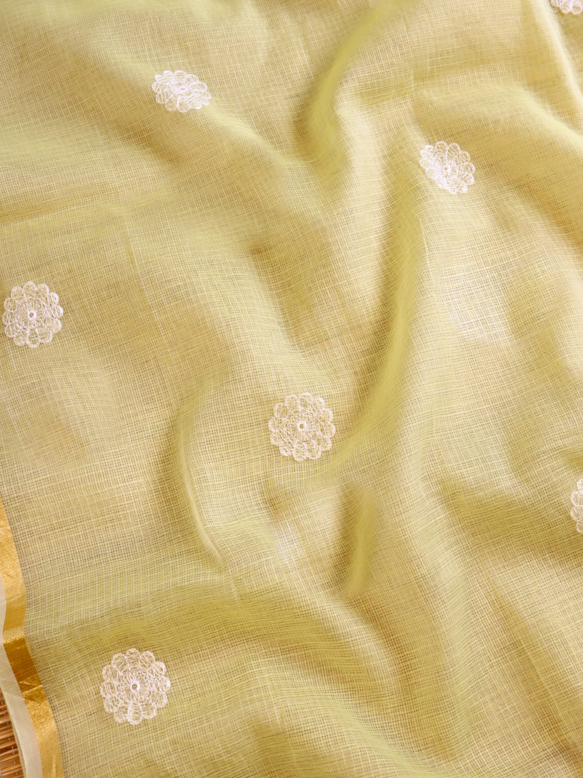 Banarasee Kota Doria Hand-Embroidered Salwar Kameez With Dupatta Set-Yellow