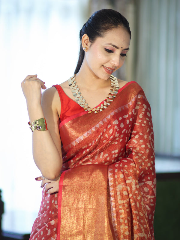 Bhagalpur Handloom Linen Tissue Batik Pattern Saree-Rust