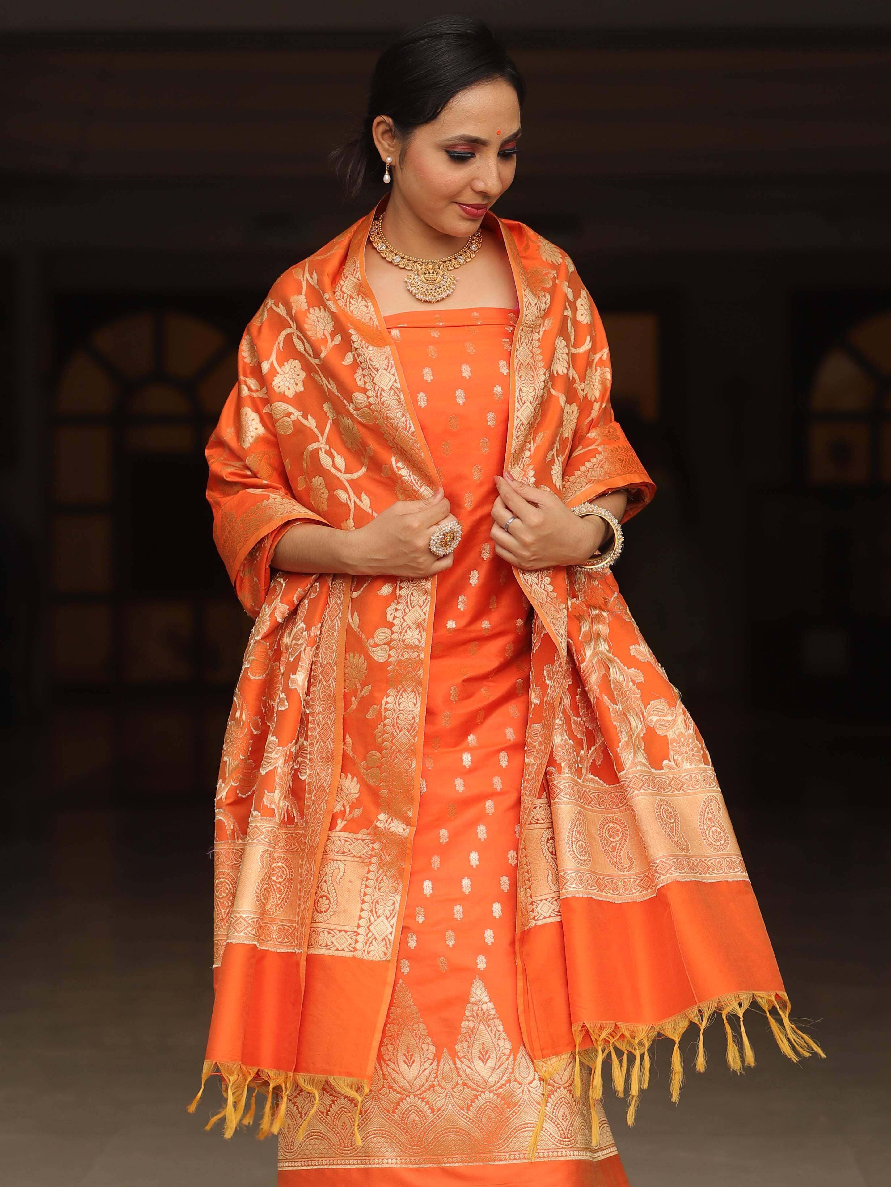 Banarasee Salwar Kameez Semi Katan Silk Fabric With Zari Work-Orange