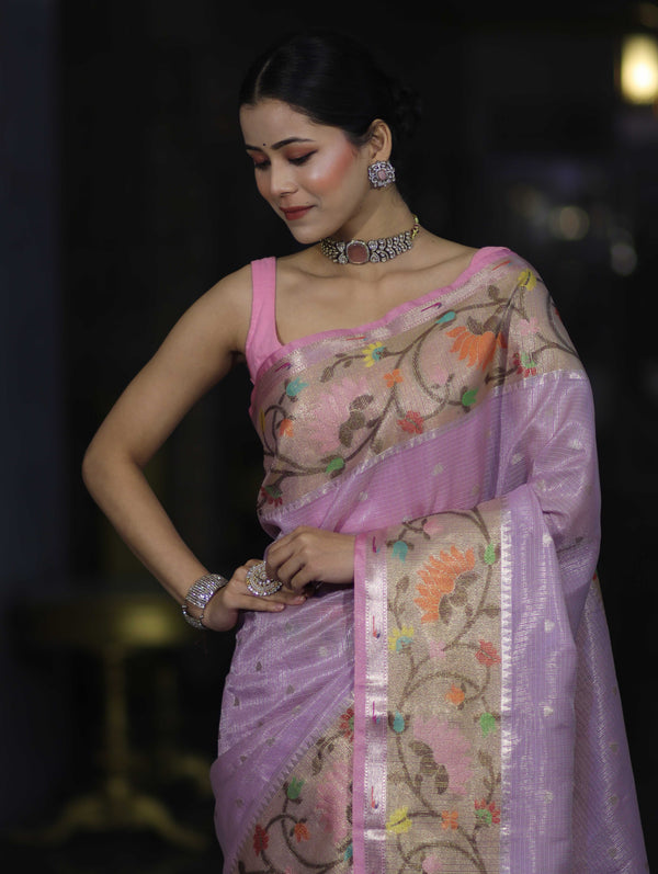 Banarasee Kota Checks Tissue Saree With Zari & Thread Embroidery & Contrast Border-Lilac