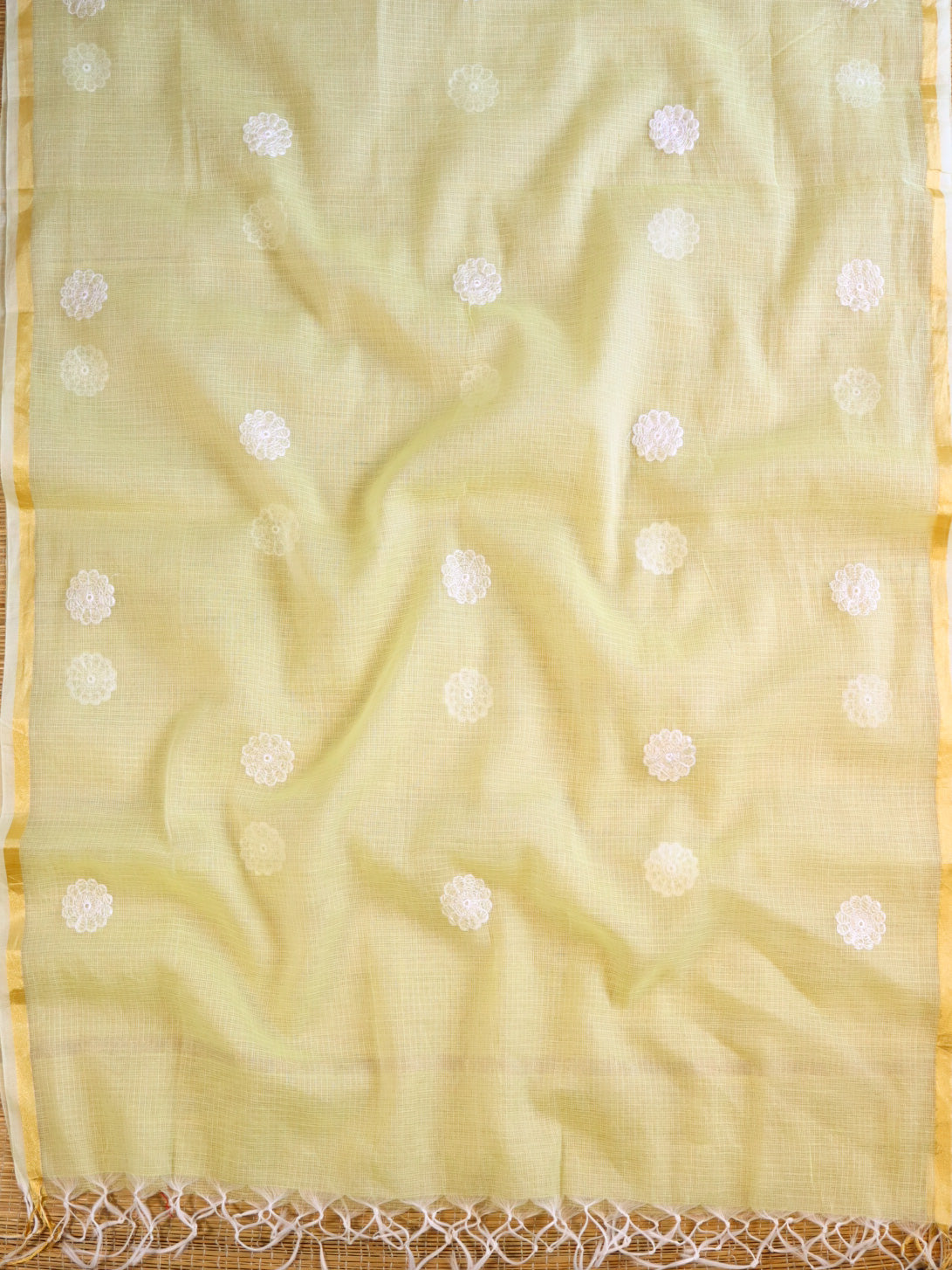 Banarasee Kota Doria Hand-Embroidered Salwar Kameez With Dupatta Set-Yellow
