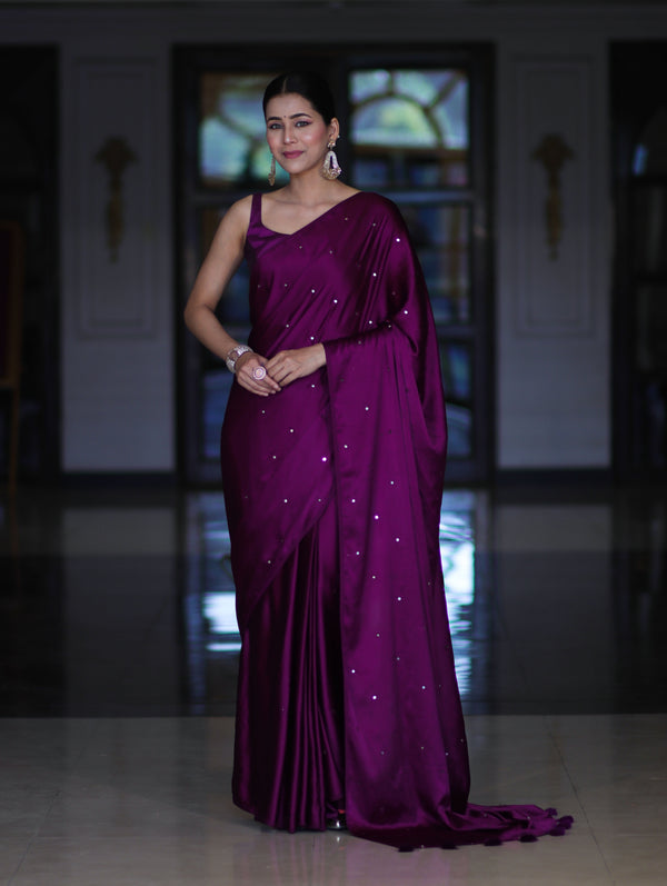 Banarasee Handloom Satin Hand Dyed Saree With Mirror Work-Violet