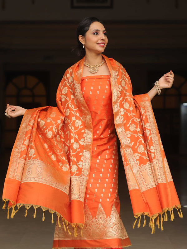 Banarasee Salwar Kameez Semi Katan Silk Fabric With Zari Work-Orange