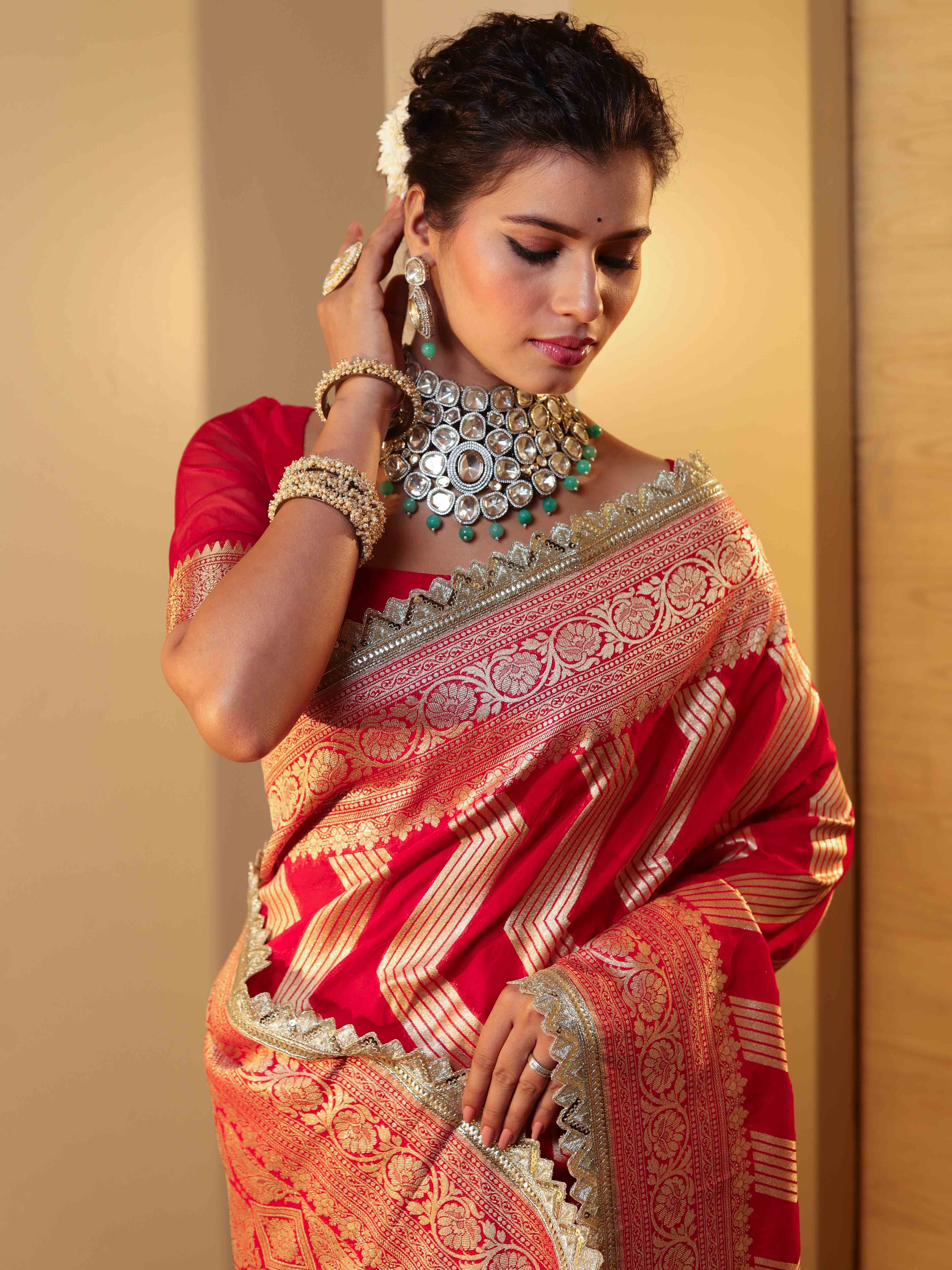 Banarasee Pure Chiffon Saree With Zigzag Pattern Zari Border & Lace-Red
