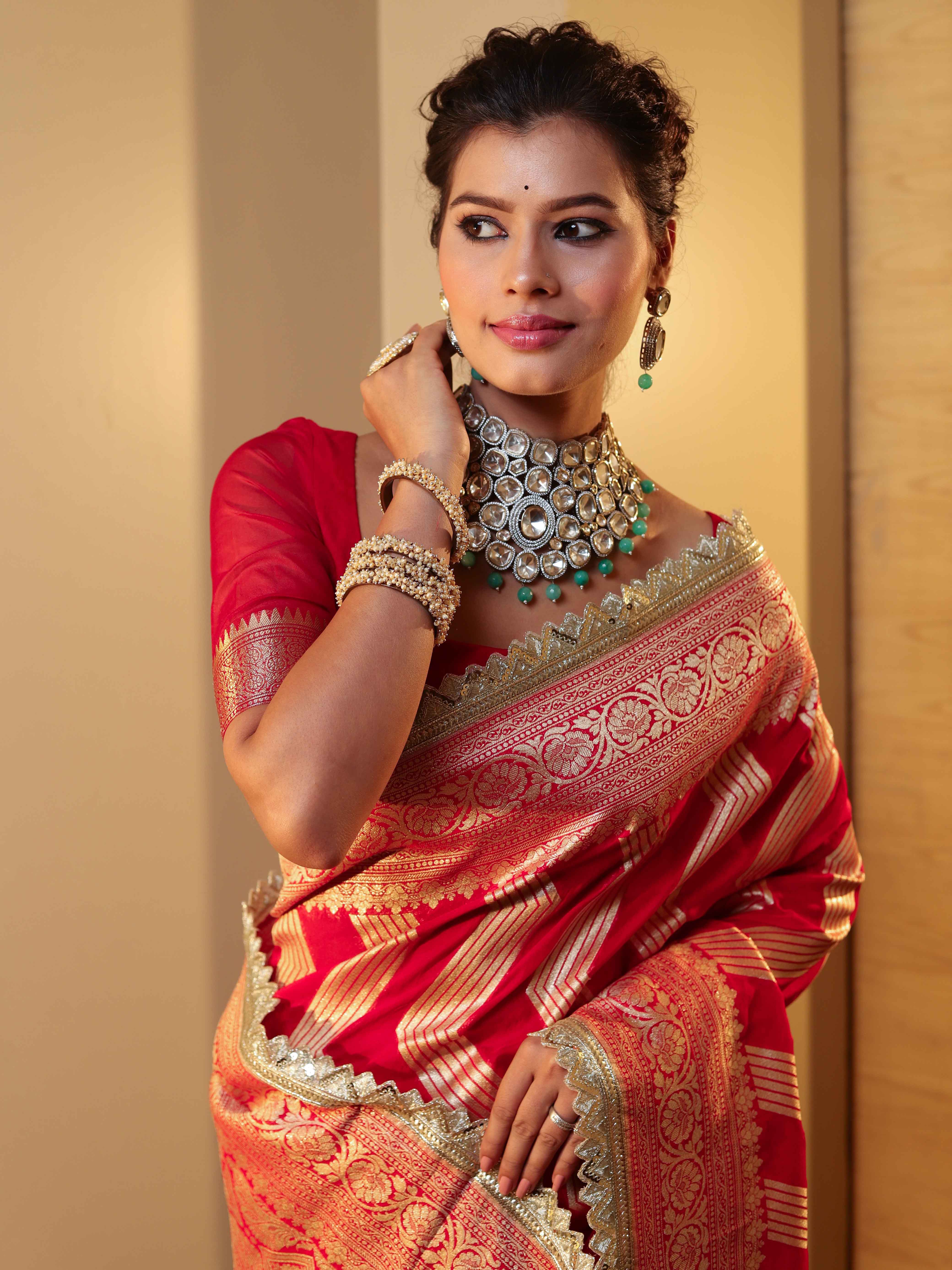 Banarasee Pure Chiffon Saree With Zigzag Pattern Zari Border & Lace-Red