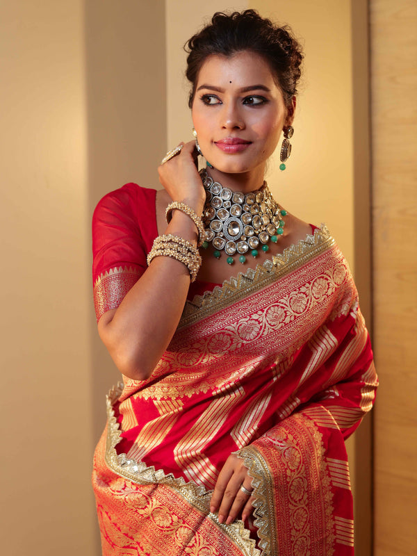 Banarasee Pure Chiffon Saree With Zigzag Pattern Zari Border & Lace-Red