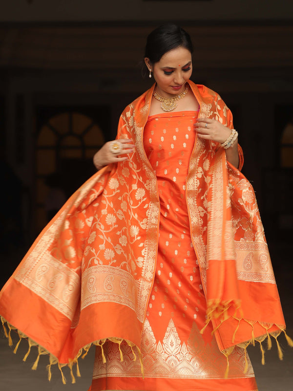 Banarasee Salwar Kameez Semi Katan Silk Fabric With Zari Work-Orange