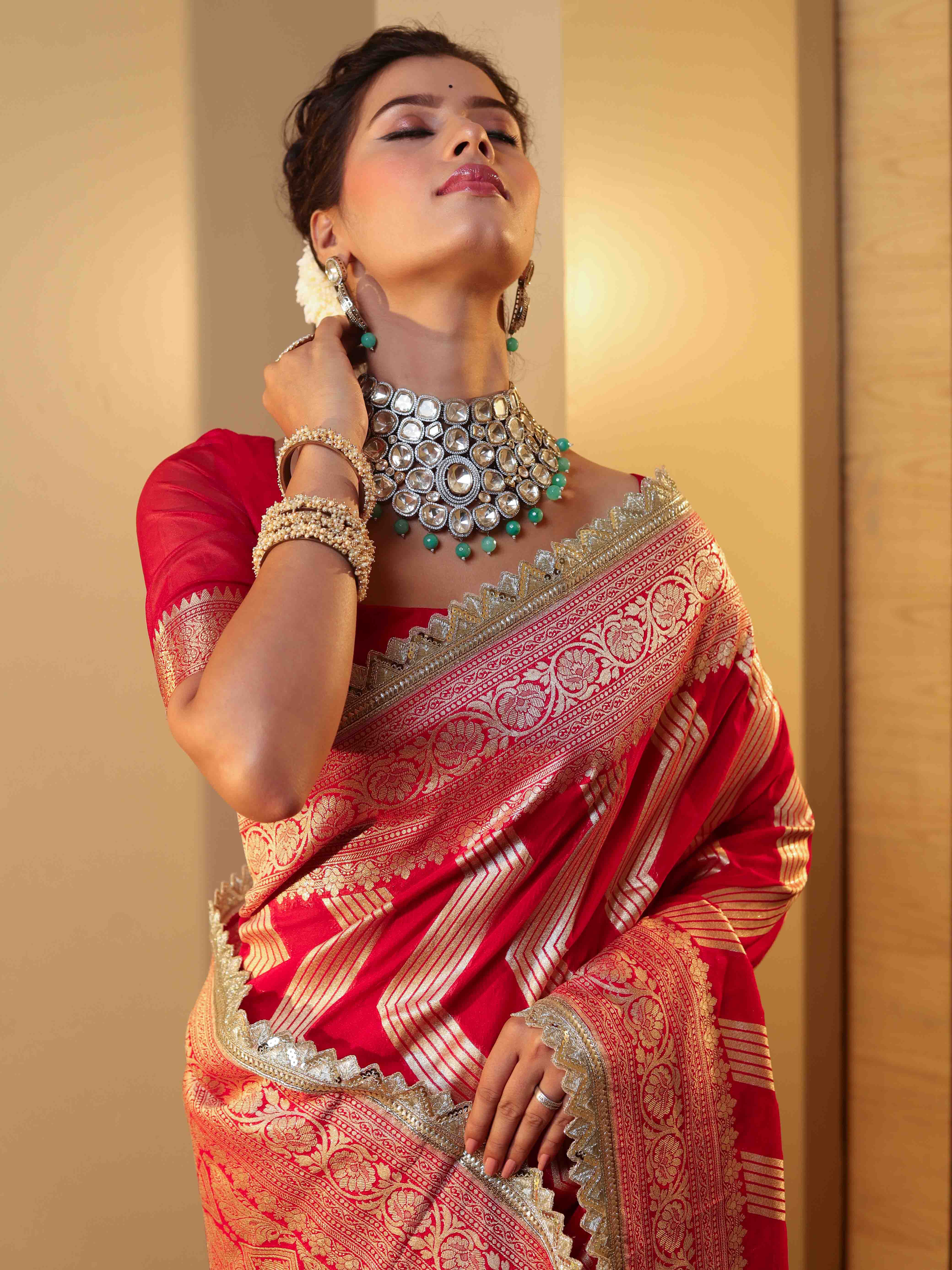 Banarasee Pure Chiffon Saree With Zigzag Pattern Zari Border & Lace-Red