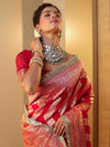 Banarasee Pure Chiffon Saree With Zigzag Pattern Zari Border & Lace-Red
