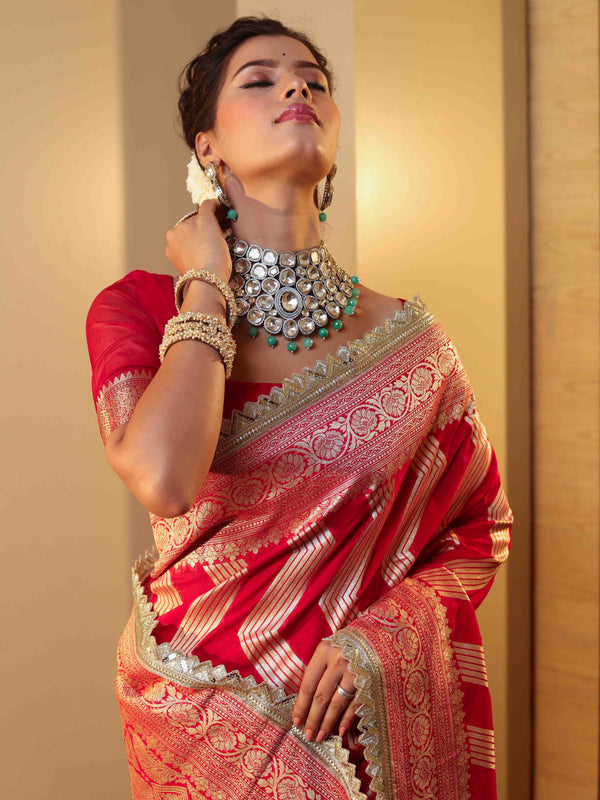 Banarasee Pure Chiffon Saree With Zigzag Pattern Zari Border & Lace-Red