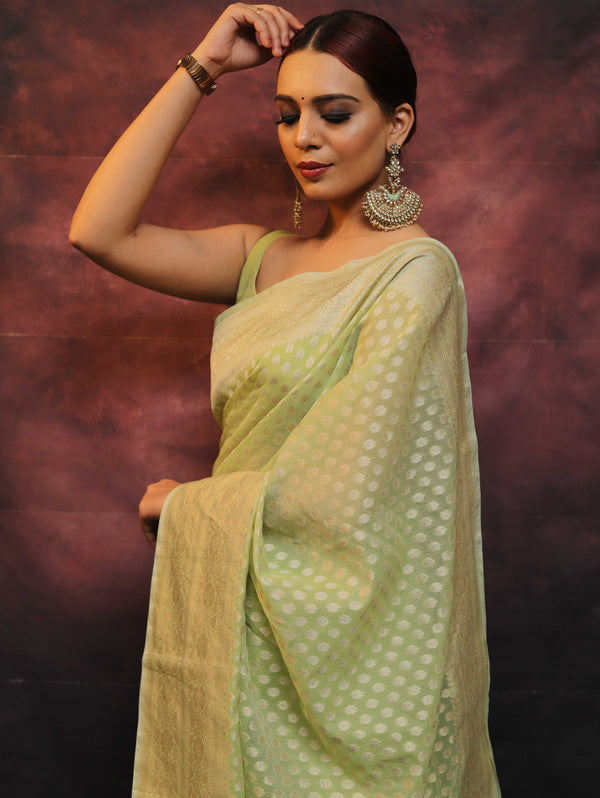 Banarasee Organza Silk Saree With Zari Buti & Border-Light Green