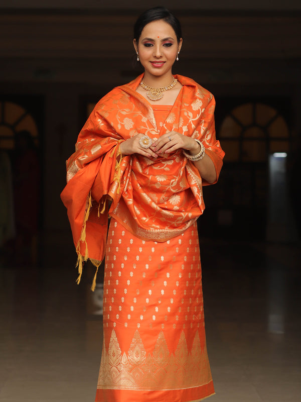 Banarasee Salwar Kameez Semi Katan Silk Fabric With Zari Work-Orange