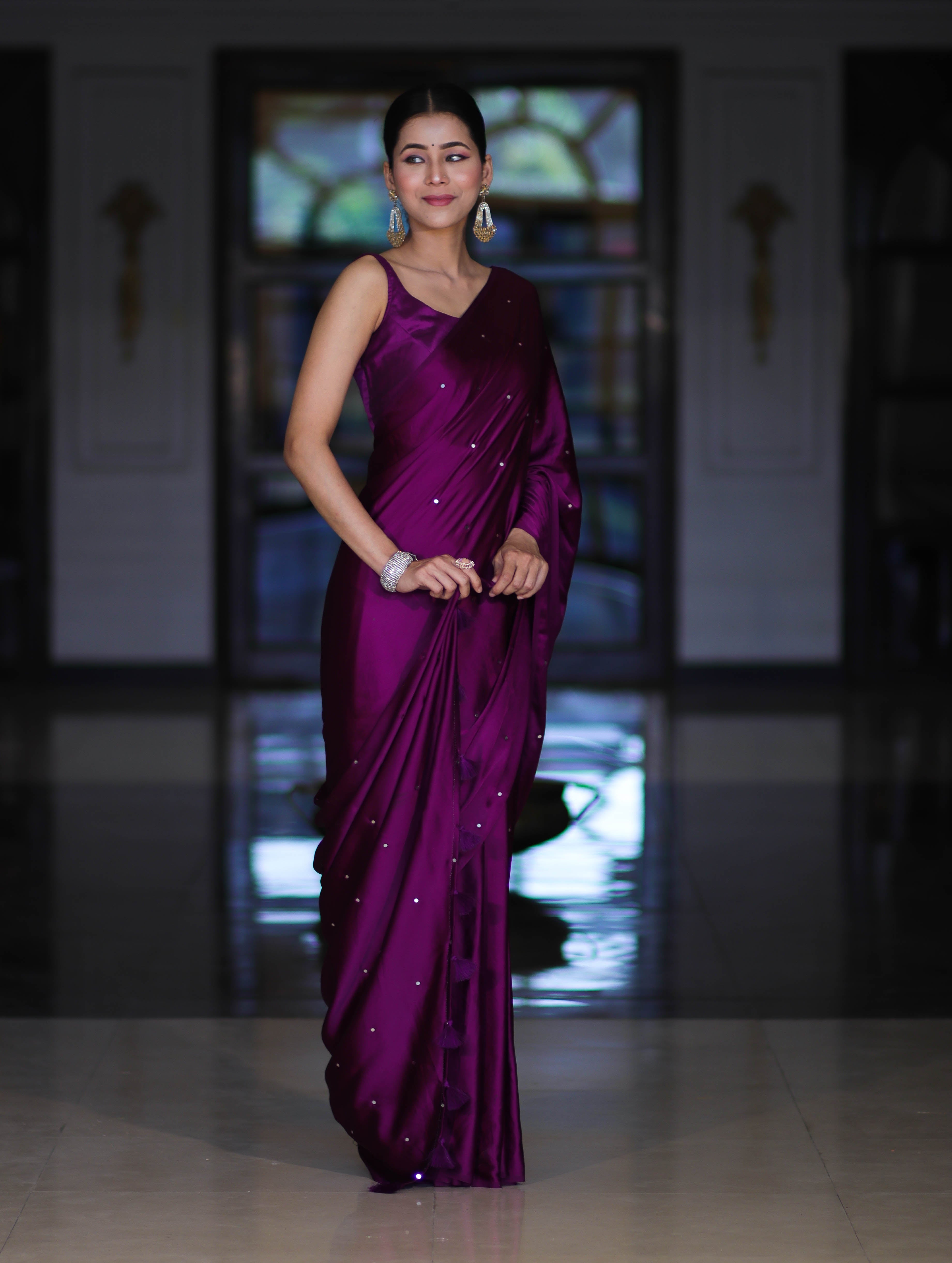 Banarasee Handloom Satin Hand Dyed Saree With Mirror Work-Violet