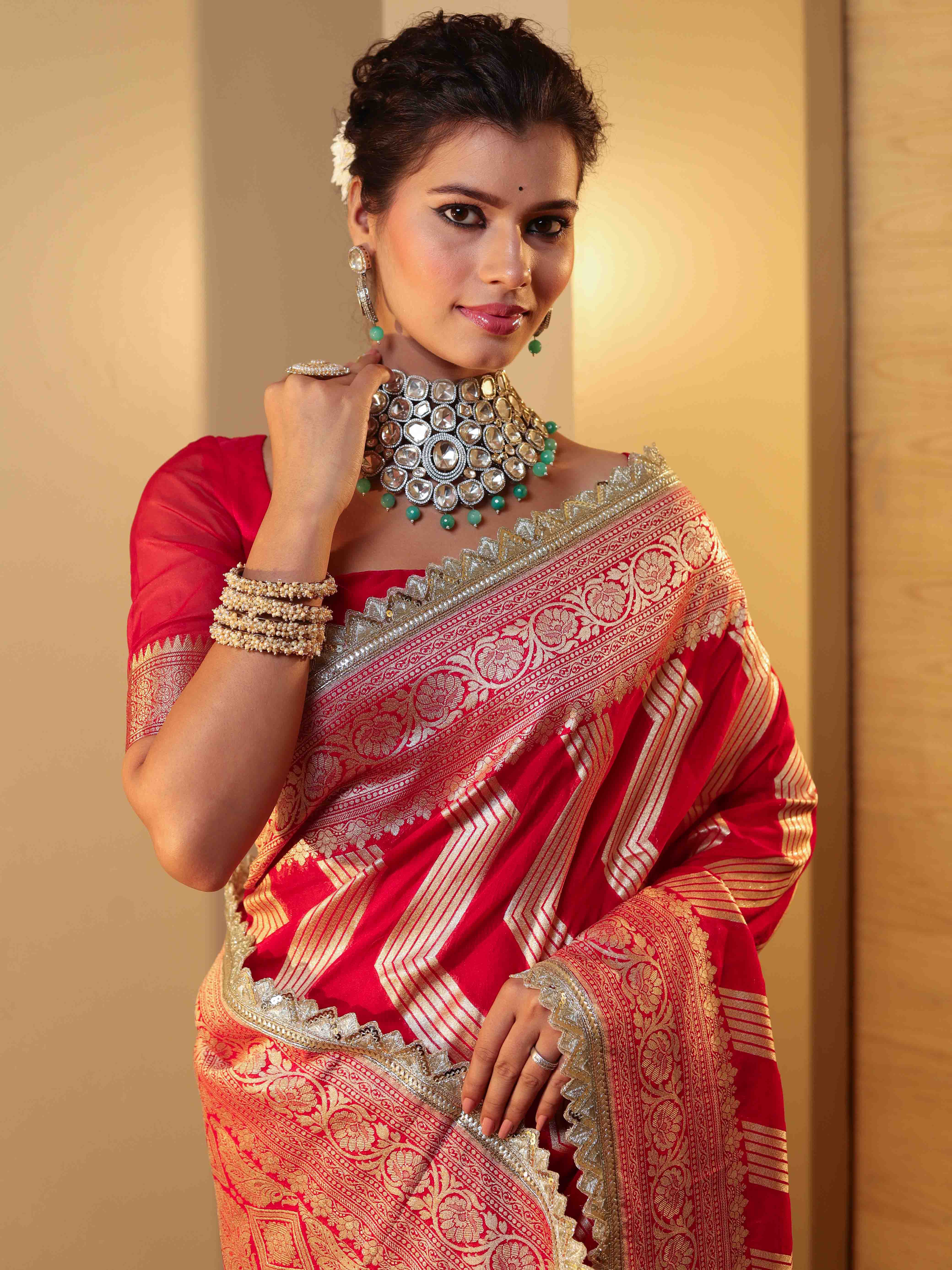 Banarasee Pure Chiffon Saree With Zigzag Pattern Zari Border & Lace-Red