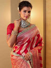 Banarasee Pure Chiffon Saree With Zigzag Pattern Zari Border & Lace-Red