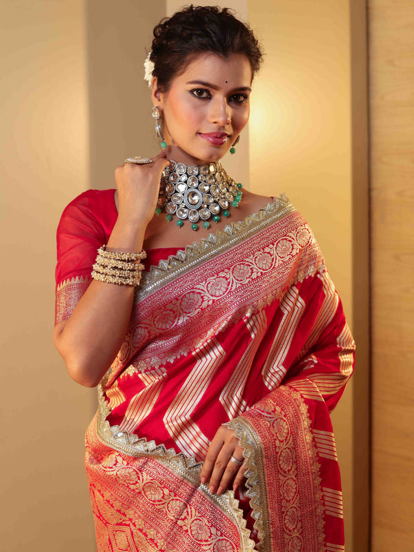 Banarasee Pure Chiffon Saree With Zigzag Pattern Zari Border & Lace-Red