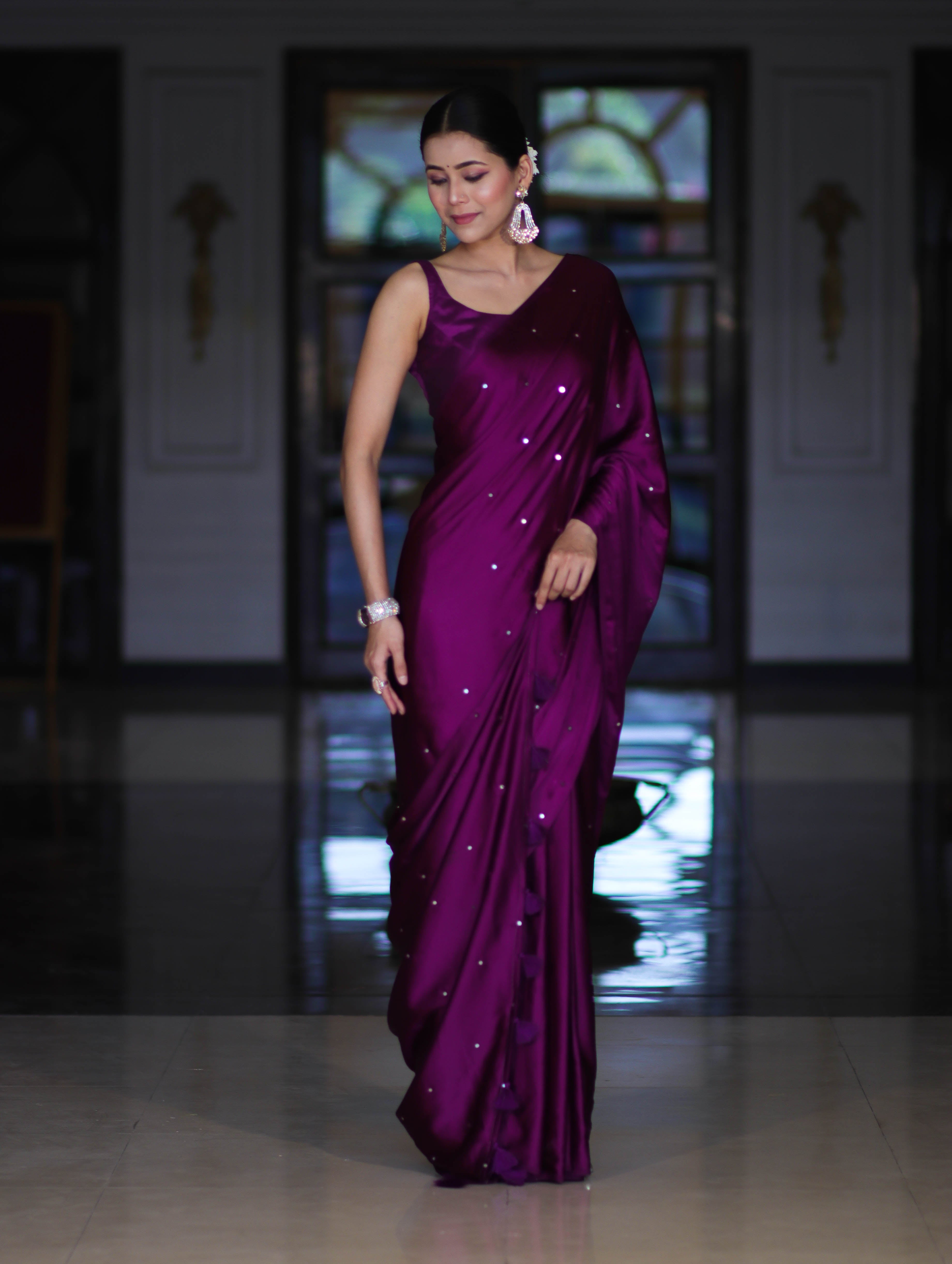 Banarasee Handloom Satin Hand Dyed Saree With Mirror Work-Violet