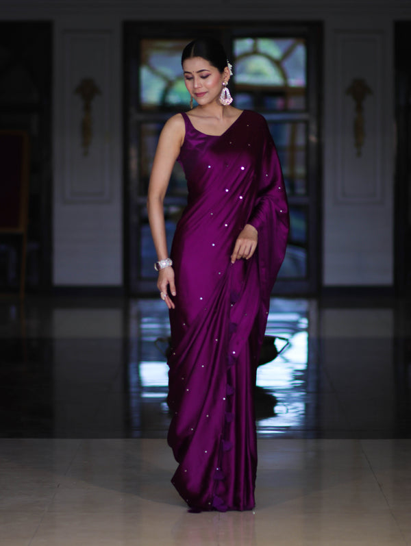 Banarasee Handloom Satin Hand Dyed Saree With Mirror Work-Violet