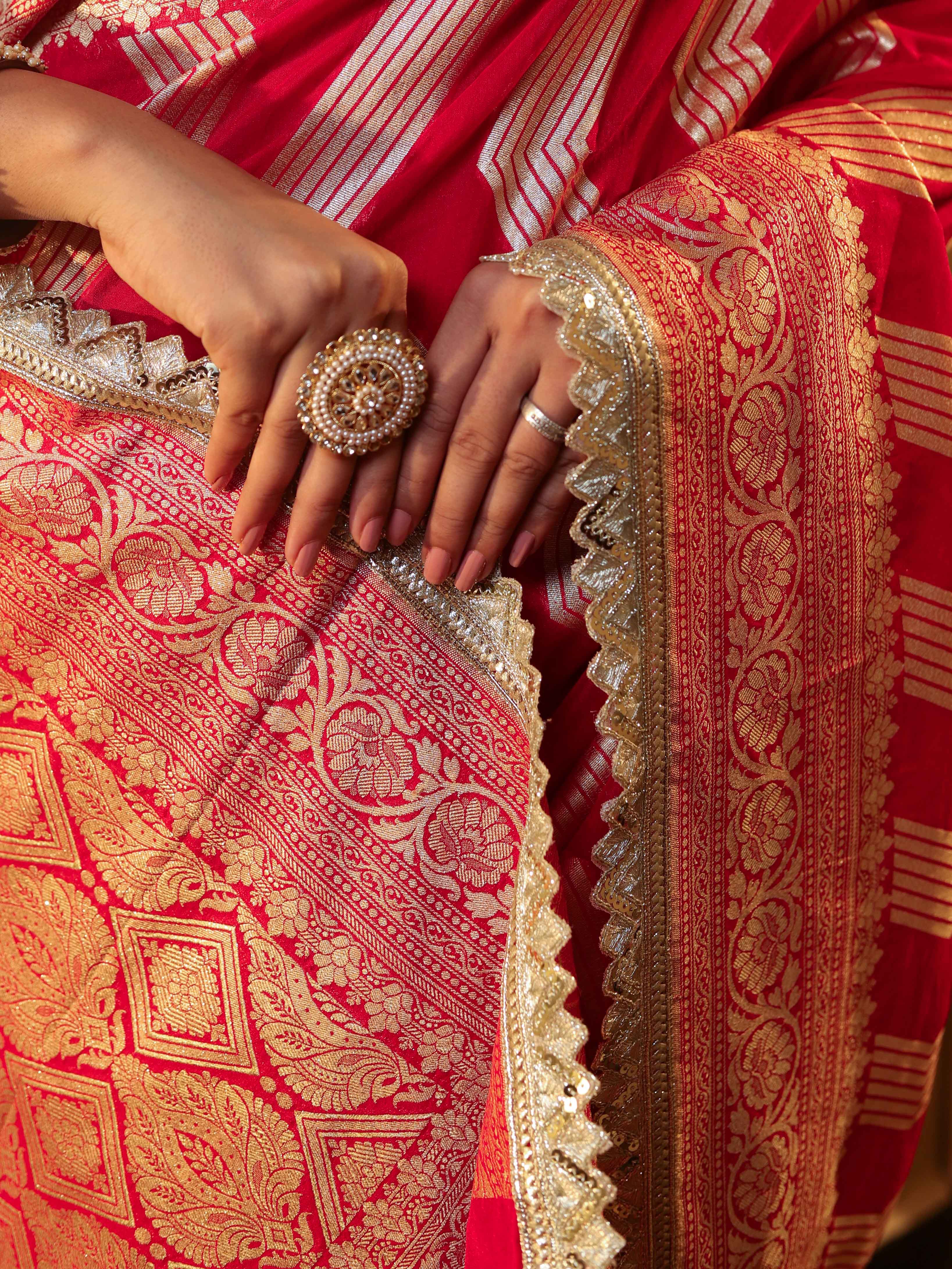 Banarasee Pure Chiffon Saree With Zigzag Pattern Zari Border & Lace-Red