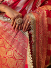 Banarasee Pure Chiffon Saree With Zigzag Pattern Zari Border & Lace-Red