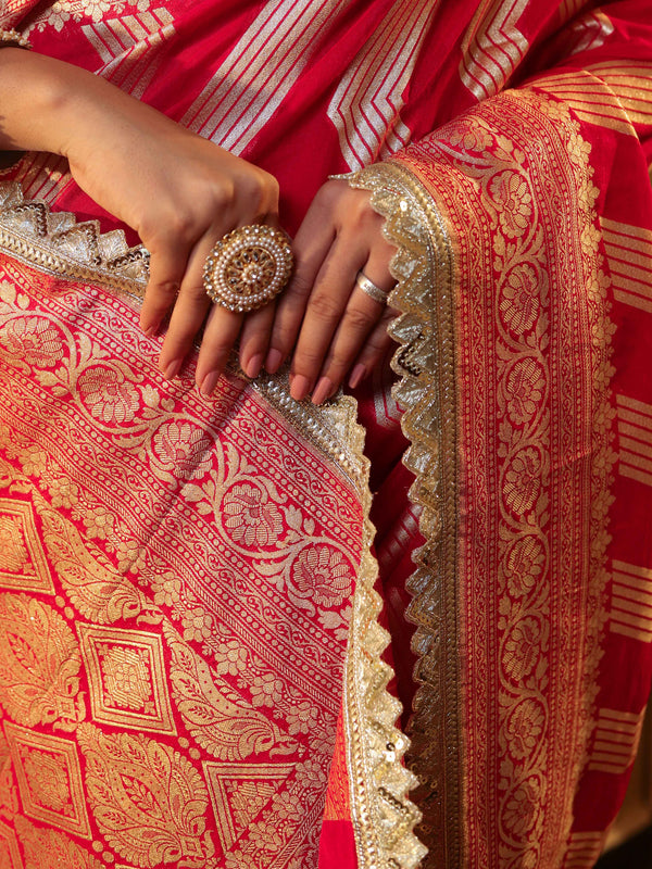 Banarasee Pure Chiffon Saree With Zigzag Pattern Zari Border & Lace-Red