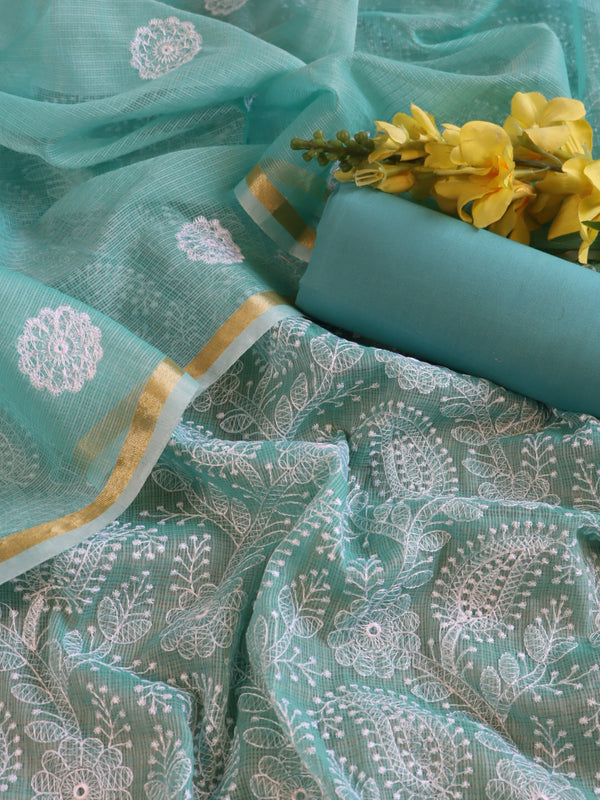 Banarasee Kota Doria Hand-Embroidered Salwar Kameez With Dupatta Set-Green