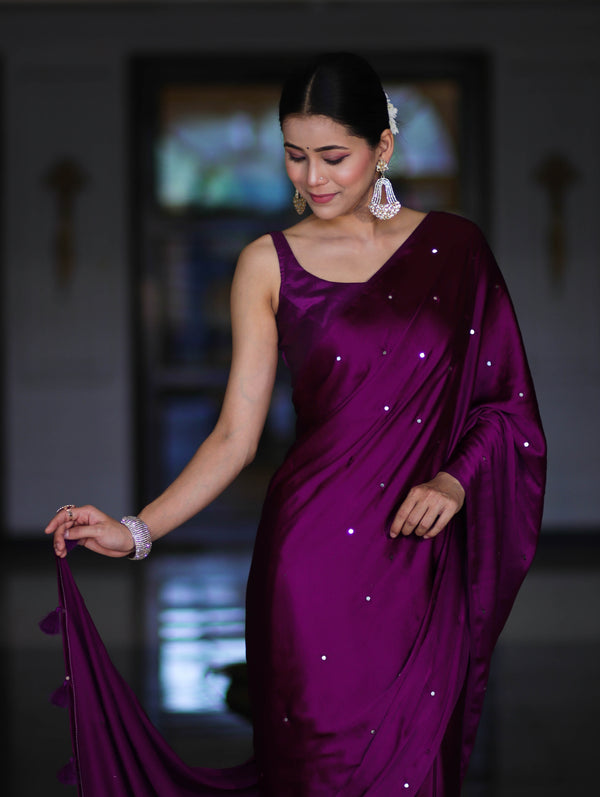 Banarasee Handloom Satin Hand Dyed Saree With Mirror Work-Violet