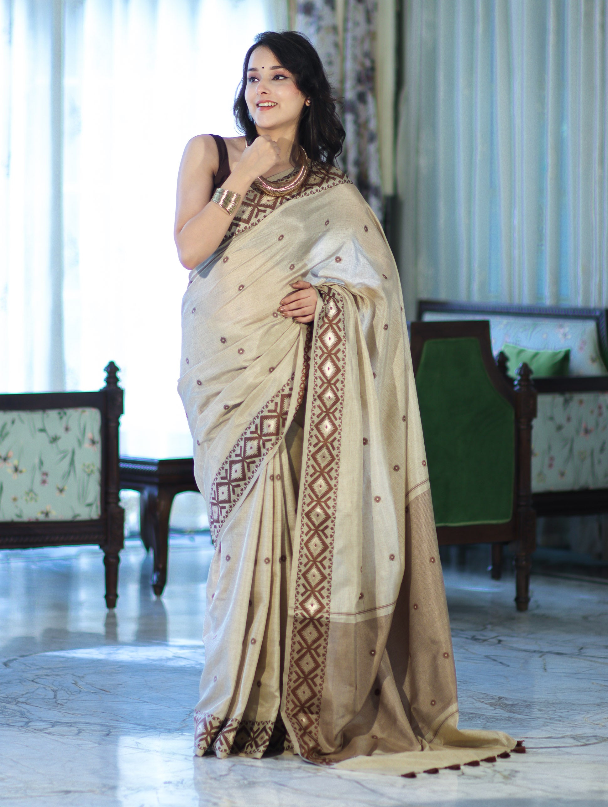 Banarasee Handwoven Semi-Tussar Saree With Resham Work & Geometric Border-Beige & Brown