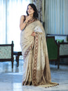 Banarasee Handwoven Semi-Tussar Saree With Resham Work & Geometric Border-Beige & Brown