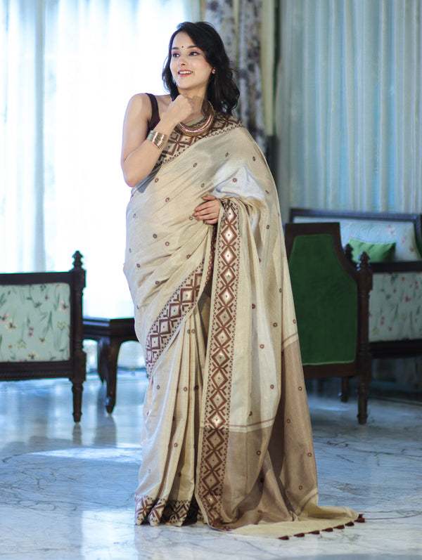 Banarasee Handwoven Semi-Tussar Saree With Resham Work & Geometric Border-Beige & Brown