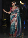 Banarasee Handloom Tissue Saree With Buti Design Contrast Border & Lace-Mint Blue