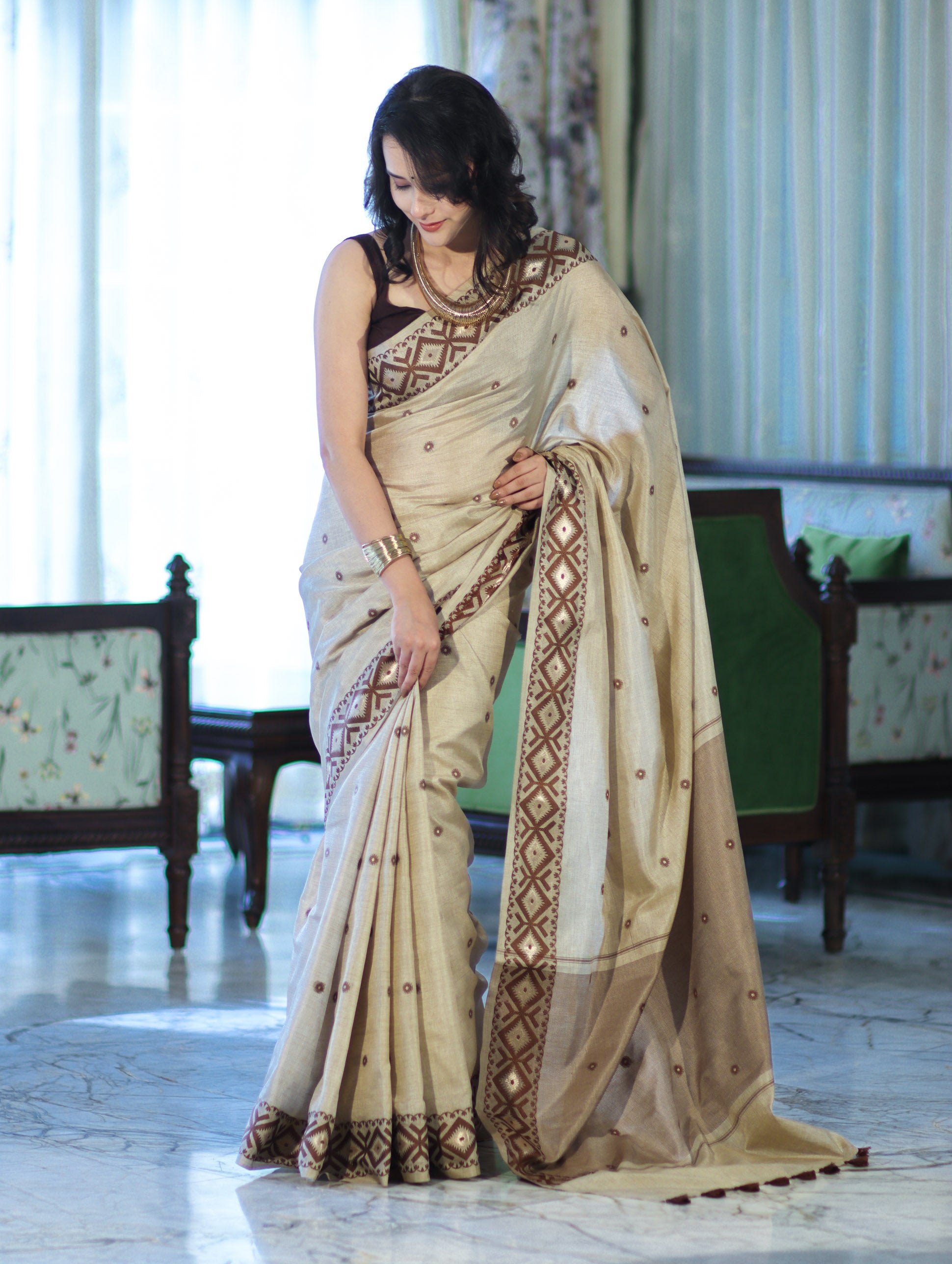 Banarasee Handwoven Semi-Tussar Saree With Resham Work & Geometric Border-Beige & Brown