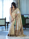 Banarasee Handwoven Semi-Tussar Saree With Resham Work & Geometric Border-Beige & Brown