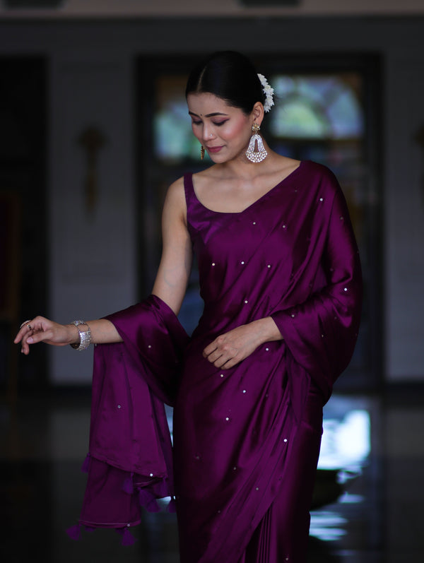 Banarasee Handloom Satin Hand Dyed Saree With Mirror Work-Violet