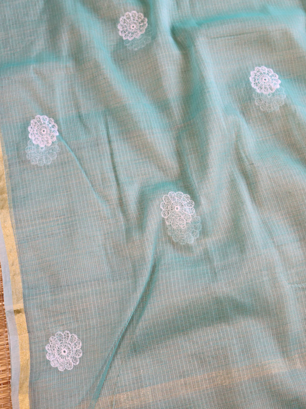 Banarasee Kota Doria Hand-Embroidered Salwar Kameez With Dupatta Set-Green
