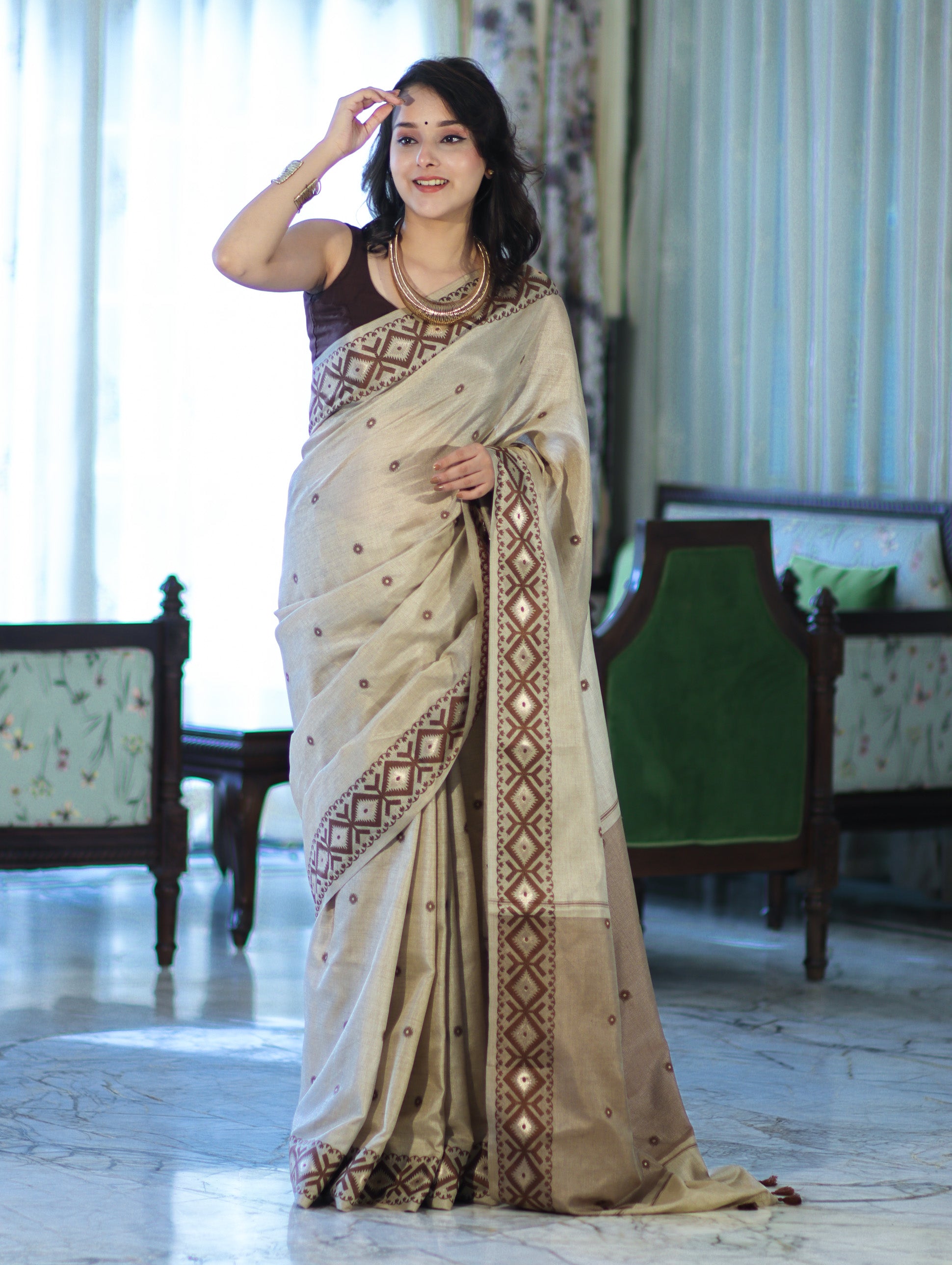 Banarasee Handwoven Semi-Tussar Saree With Resham Work & Geometric Border-Beige & Brown