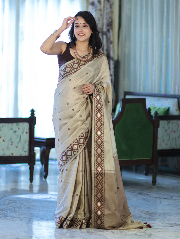 Banarasee Handwoven Semi-Tussar Saree With Resham Work & Geometric Border-Beige & Brown