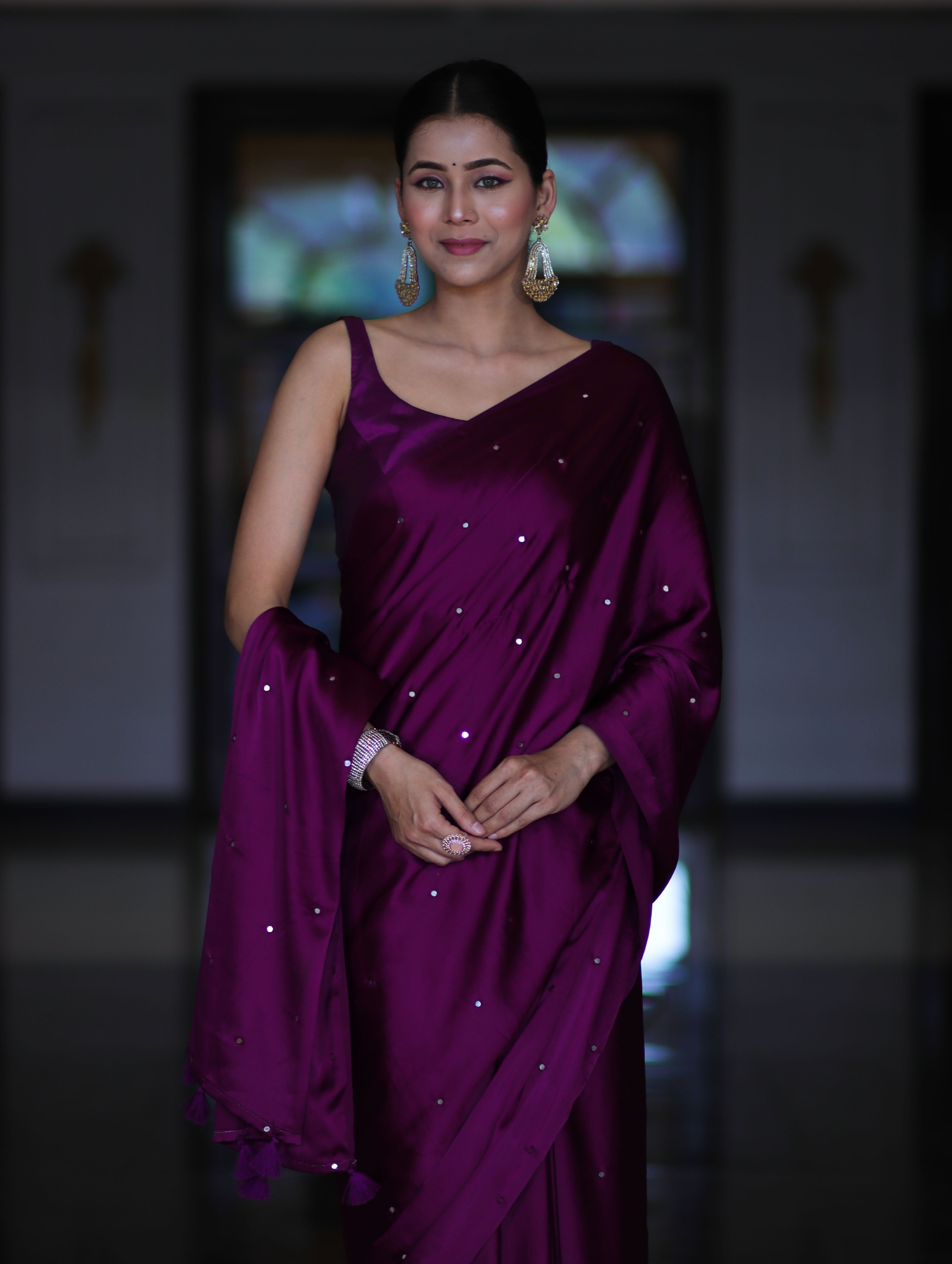 Banarasee Handloom Satin Hand Dyed Saree With Mirror Work-Violet